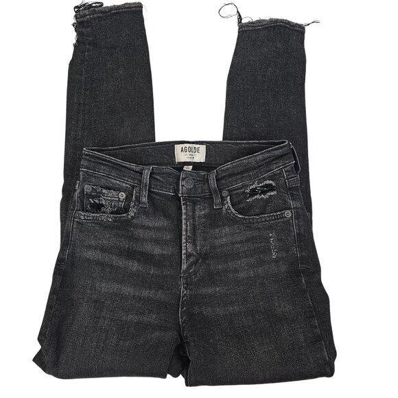 Womens 26 Black Grunge Skinny Jeans Emo Distressed Raw Hem Rocker Slim Casual - Picture 2 of 15